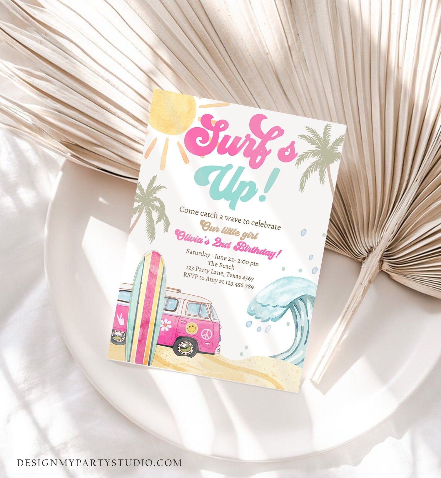 Editable Surf's Up Birthday Party Invitation Retro Surfboard Beach Party Wave Surfer The Big One Invite Download Template Corjl Digital 0433