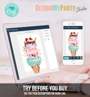 Editable Ice Cream Birthday Evite Ice Cream Truck Invite Modern Ice Cream Shoppe Here's The Scoop Girl Phone Digital Template Corjl 0392
