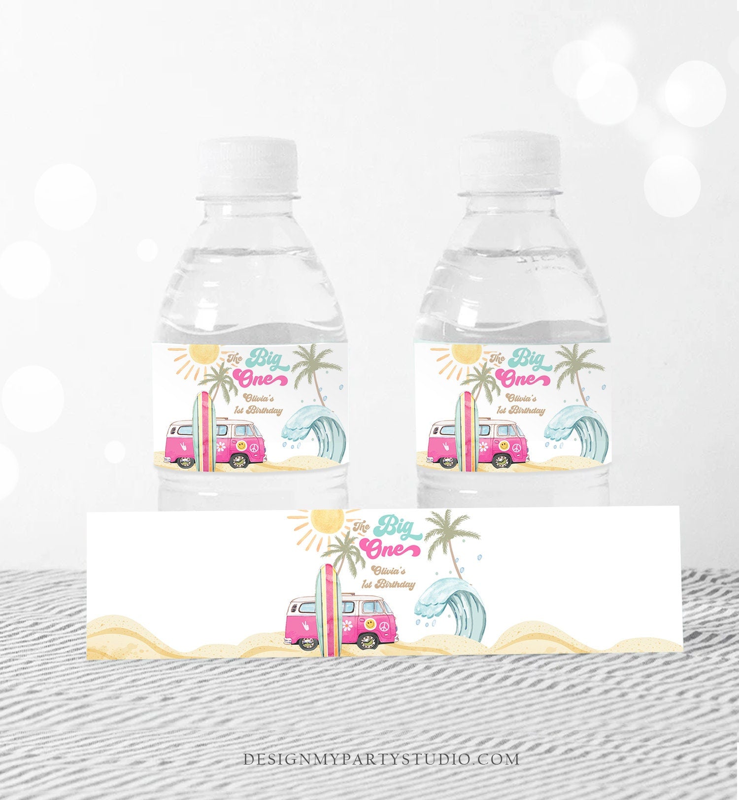 Editable Surf Water Bottle Labels The Big One Party Decor Surf 1st Birthday Retro Girl Pink Surfboard Labels Printable Template Corjl 0433