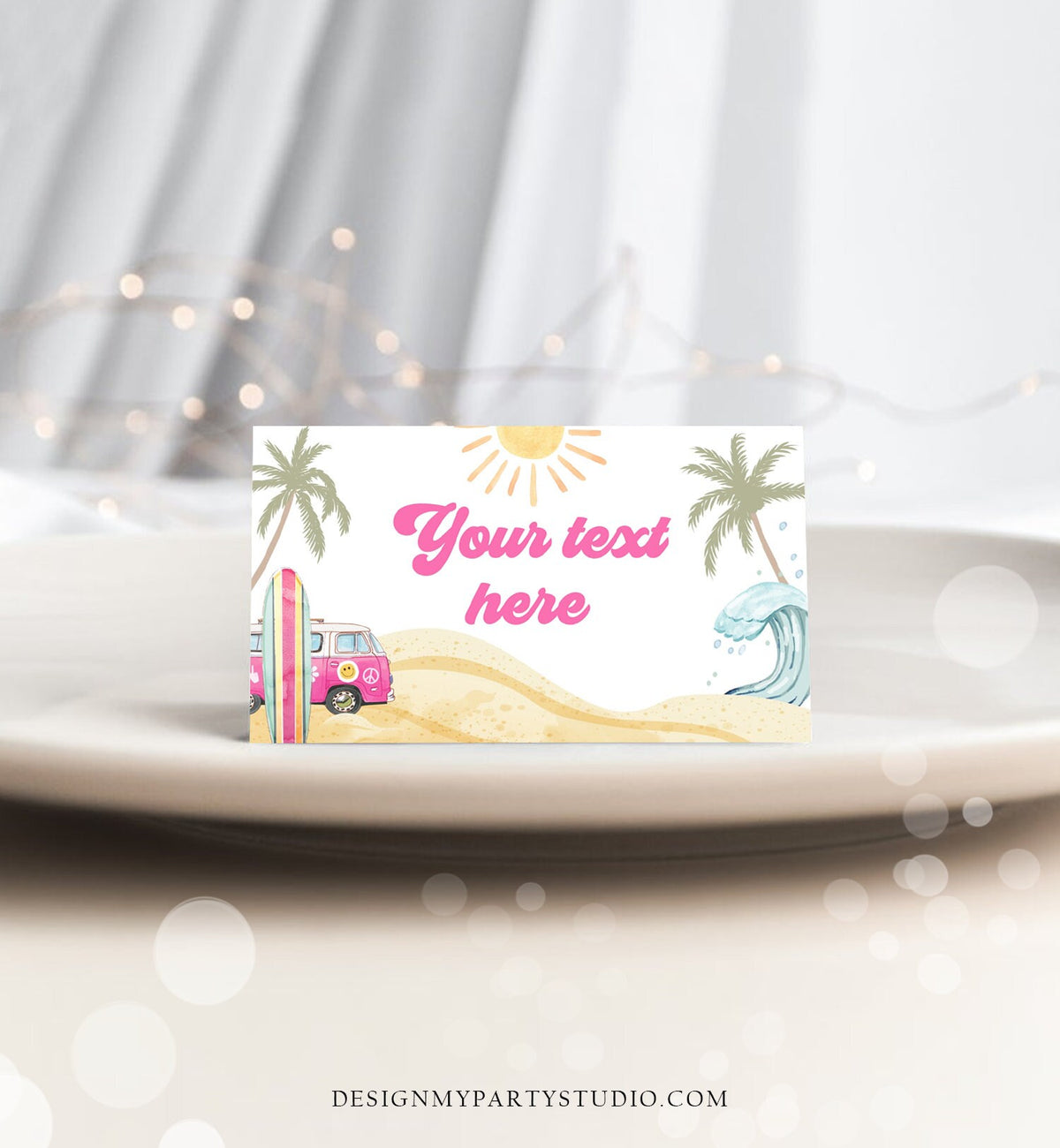Editable Surf Food Labels Surfboard Birthday Place Card Tent Card Buffet Card Beach Party The Big One Retro Van Decor Corjl Template 0433