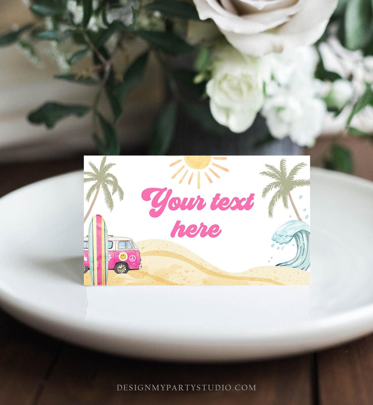 Editable Surf Food Labels Surfboard Birthday Place Card Tent Card Buffet Card Beach Party The Big One Retro Van Decor Corjl Template 0433