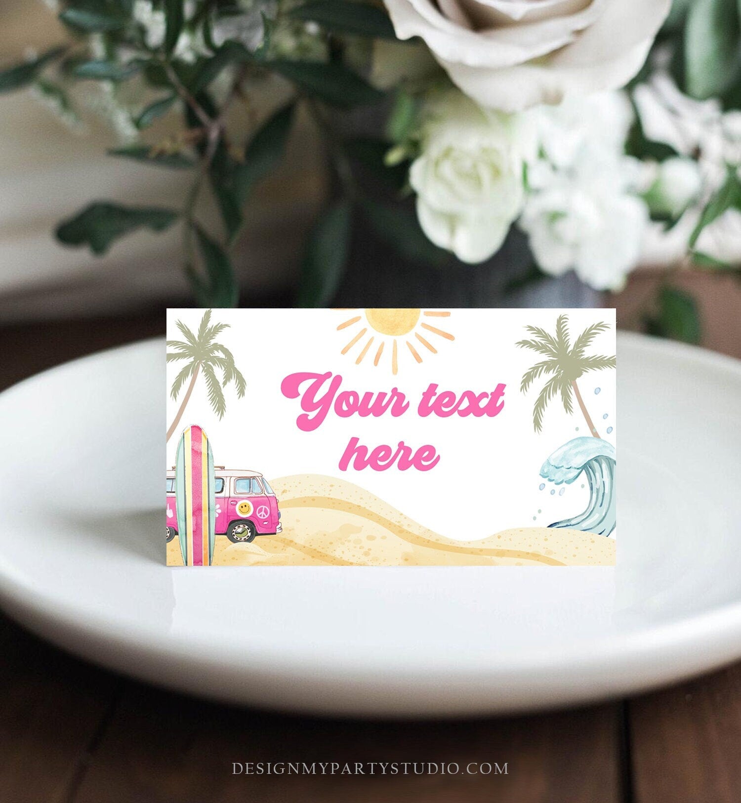 Editable Surf Food Labels Surfboard Birthday Place Card Tent Card Buffet Card Beach Party The Big One Retro Van Decor Corjl Template 0433