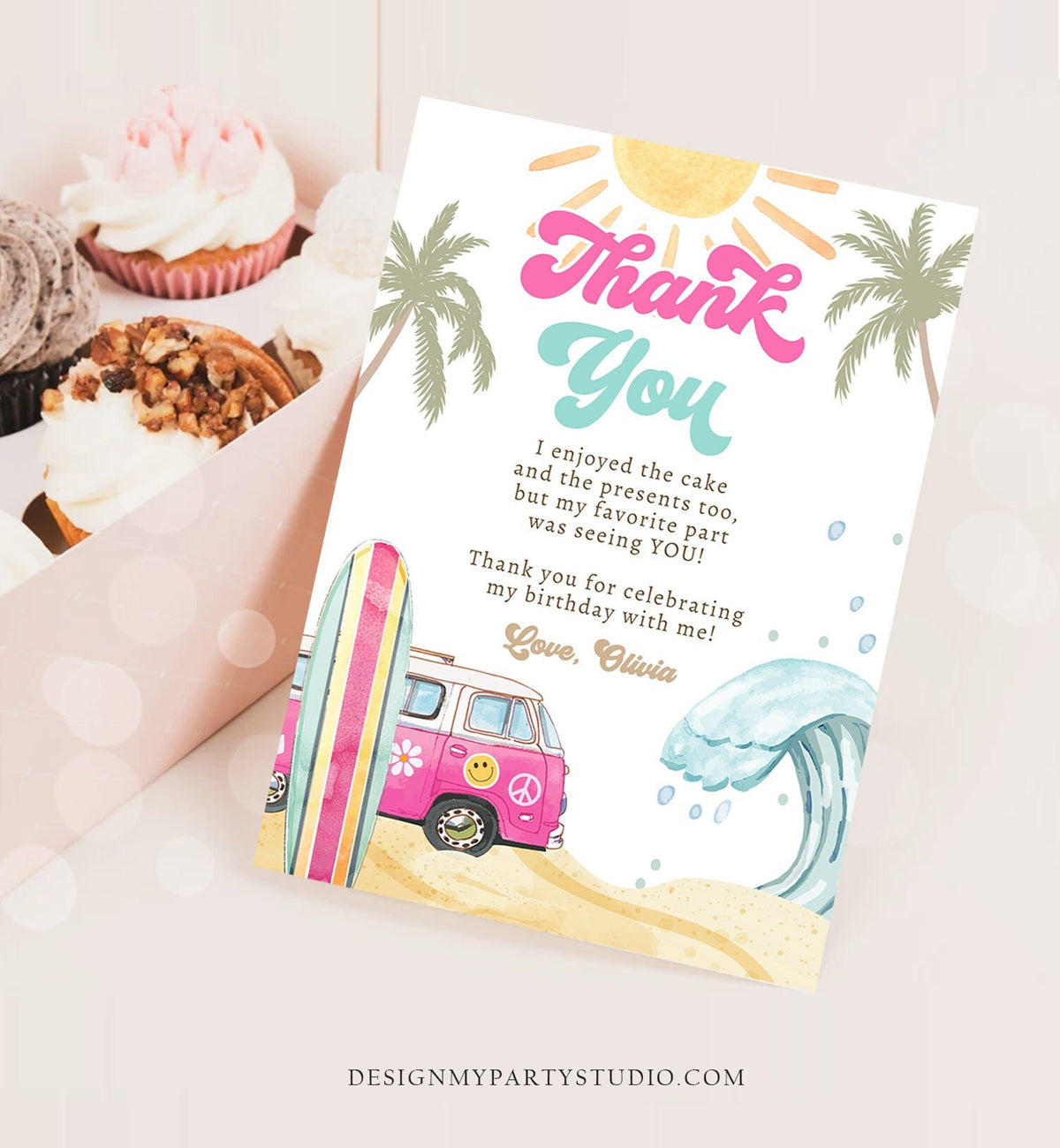 Editable Surf Thank You Card Surfboard 1st Birthday Thank Your Note Retro Girl Beach Party Wave Pink Download Template Corjl Digital 0433