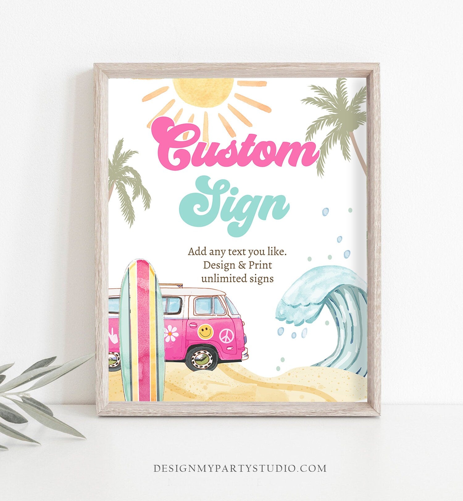 Editable Custom Sign Surf Birthday Party Sign Girl The Big One Surf's Up Birthday Sign Beach Party Retro Wave Template Corjl PRINTABLE 0433