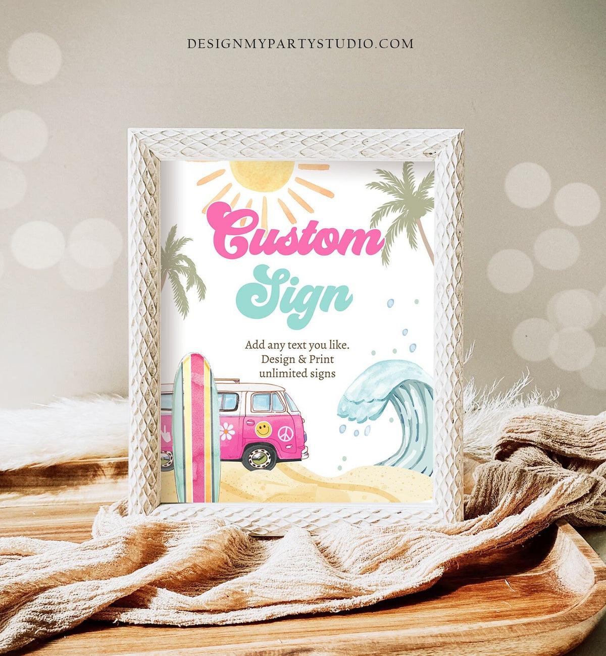 Editable Custom Sign Surf Birthday Party Sign Girl The Big One Surf's Up Birthday Sign Beach Party Retro Wave Template Corjl PRINTABLE 0433
