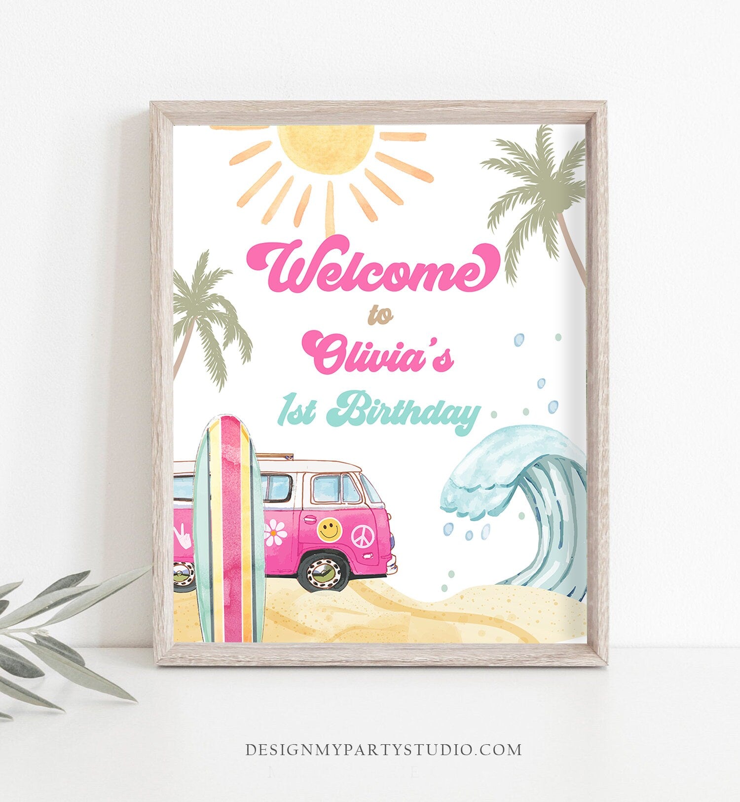 Editable Surf Birthday Welcome Sign Girl The Big One Surf's Up Birthday Welcome Sign Beach Party Retro Wave Template Corjl PRINTABLE 0433