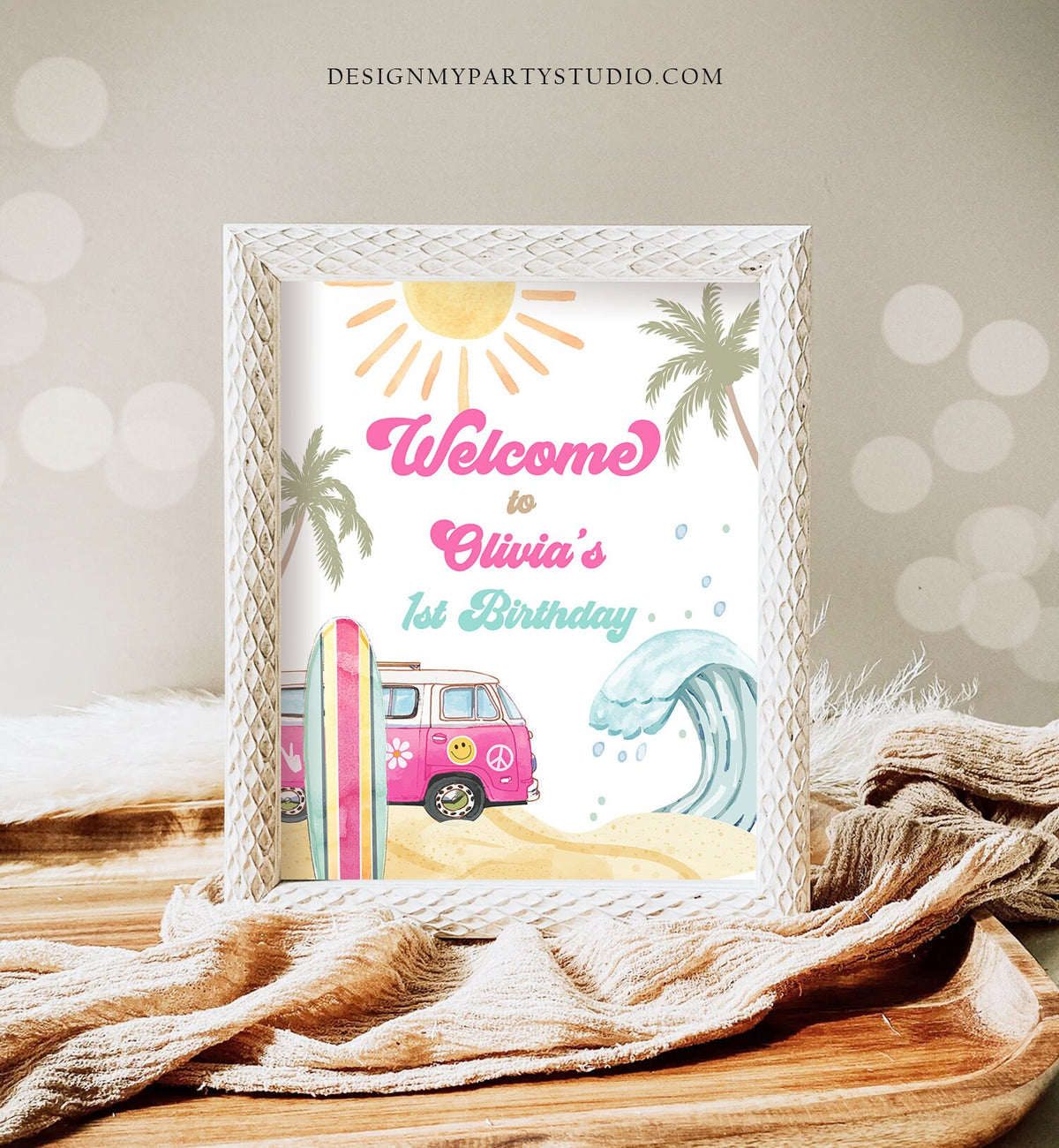 Editable Surf Birthday Welcome Sign Girl The Big One Surf's Up Birthday Welcome Sign Beach Party Retro Wave Template Corjl PRINTABLE 0433