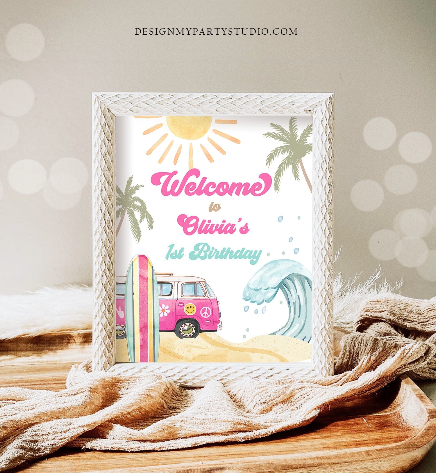 Editable Surf Birthday Welcome Sign Girl The Big One Surf's Up Birthday Welcome Sign Beach Party Retro Wave Template Corjl PRINTABLE 0433