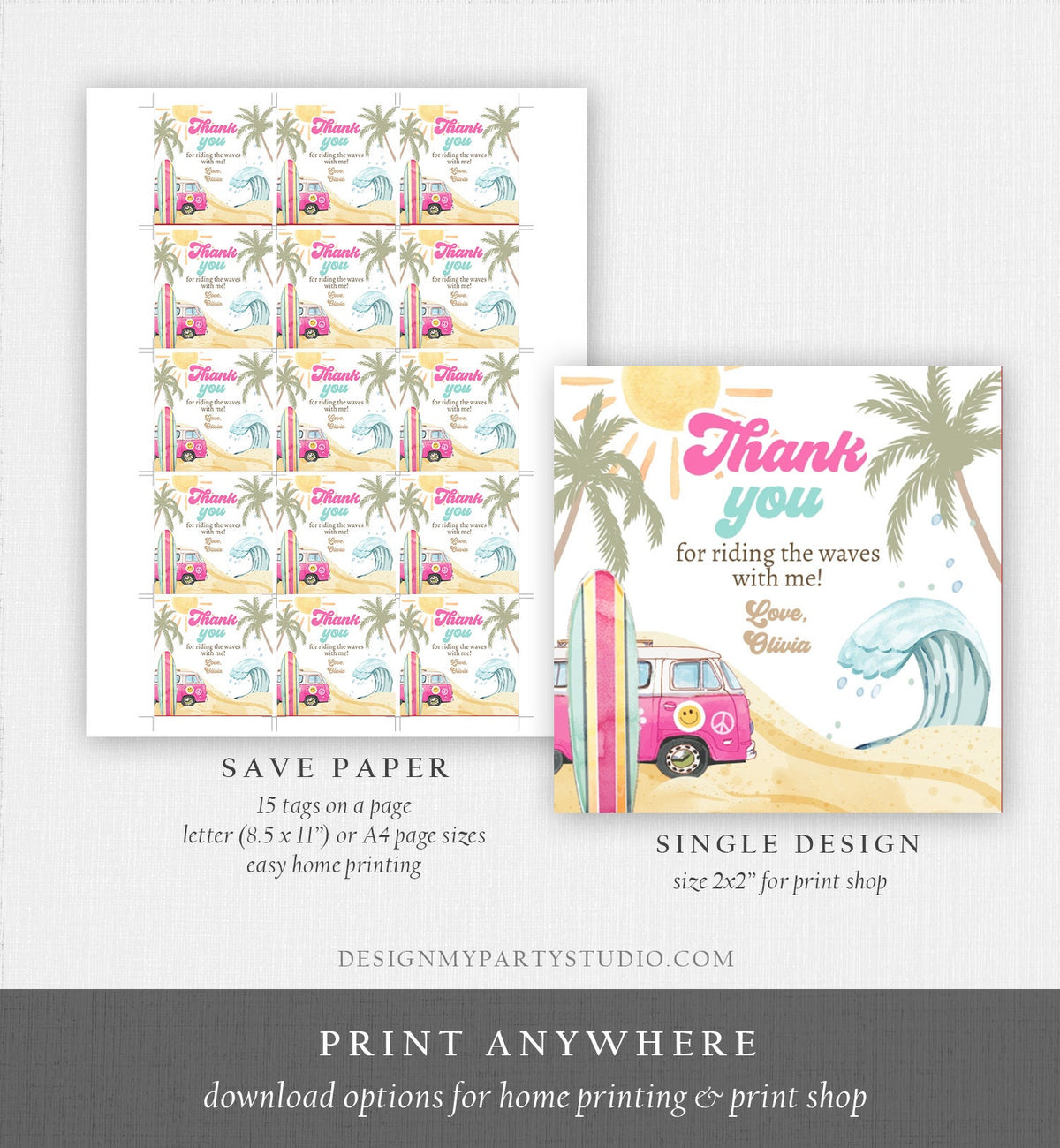 Editable Retro Surf Favor Tags 1st Birthday The Big One Thank you Stickers Beach Party Surf Up Van Hippie Wave Template Corjl PRINTABLE 0433