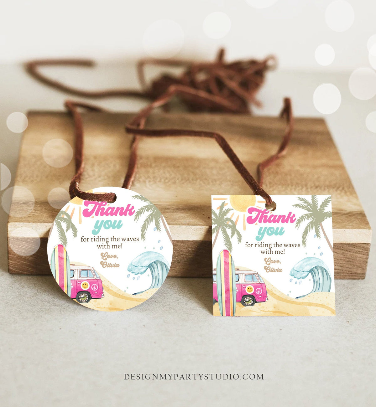 Editable Retro Surf Favor Tags 1st Birthday The Big One Thank you Stickers Beach Party Surf Up Van Hippie Wave Template Corjl PRINTABLE 0433