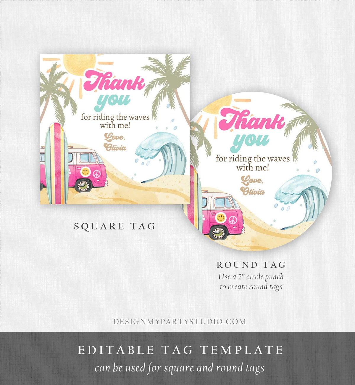 Editable Retro Surf Favor Tags 1st Birthday The Big One Thank you Stickers Beach Party Surf Up Van Hippie Wave Template Corjl PRINTABLE 0433