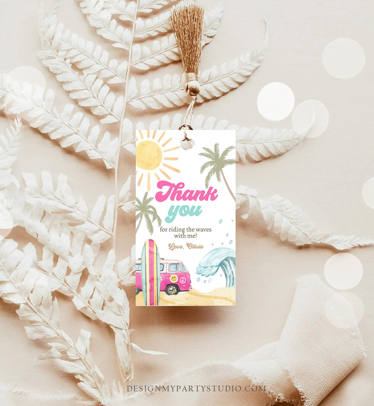 Editable Retro Surf Favor Tags 1st Birthday The Big One Thank you Tags Beach Party Surf Up Van Girl Pink Wave Template Corjl PRINTABLE 0433