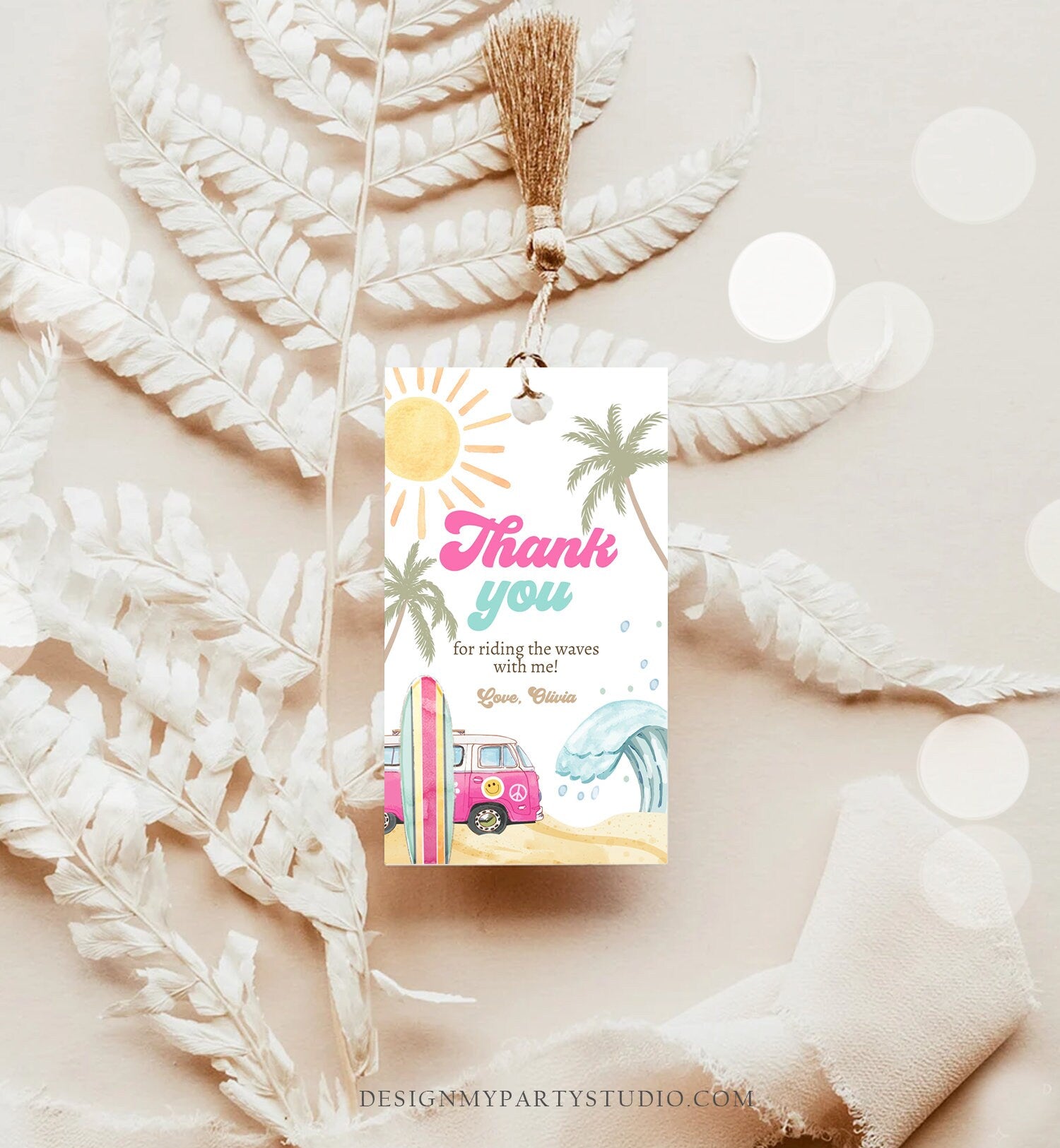 Editable Retro Surf Favor Tags 1st Birthday The Big One Thank you Tags Beach Party Surf Up Van Girl Pink Wave Template Corjl PRINTABLE 0433