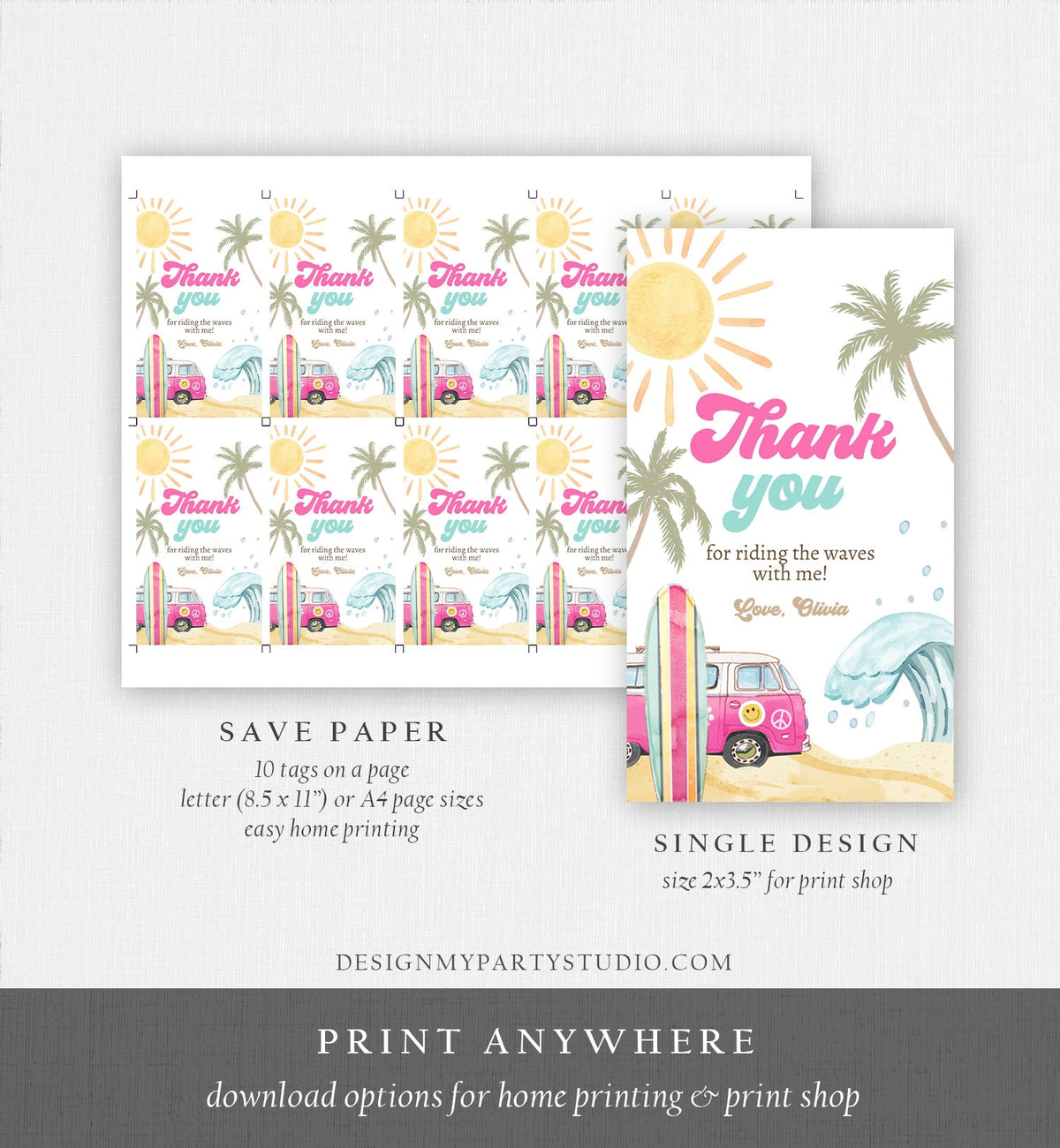 Editable Retro Surf Favor Tags 1st Birthday The Big One Thank you Tags Beach Party Surf Up Van Girl Pink Wave Template Corjl PRINTABLE 0433