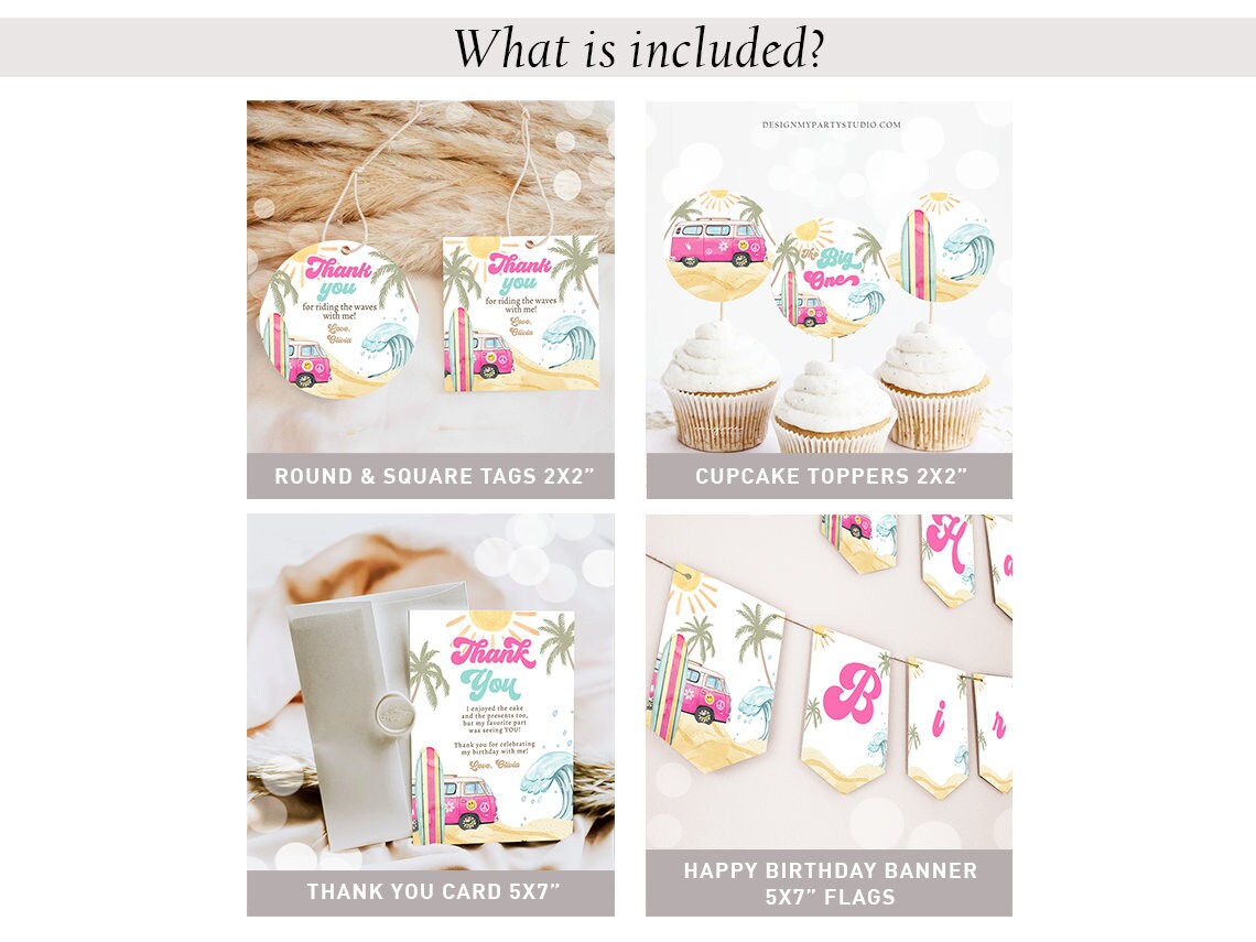 The Big One Surf 1st Birthday Invitation Bundle Girl 1st Surf Birthday Invite Kit Surf Beach Party Package Printable Corjl Template 0433