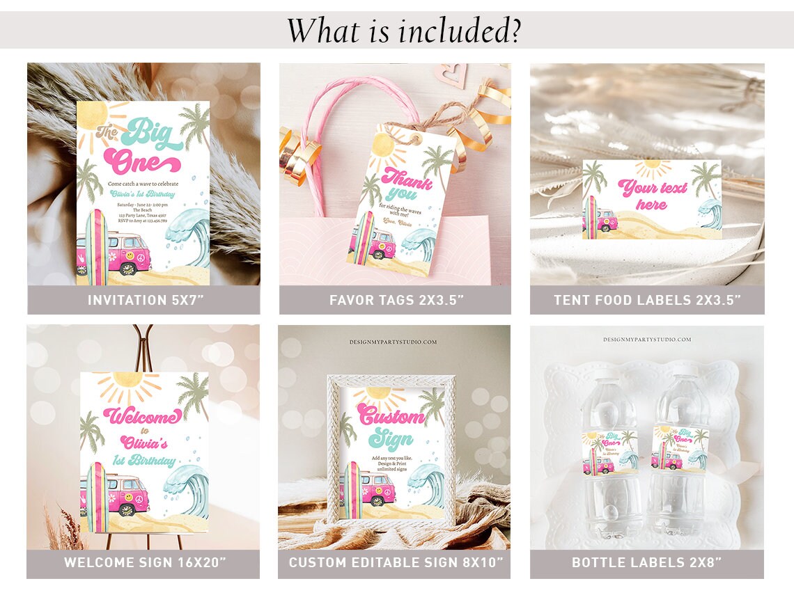 The Big One Surf 1st Birthday Invitation Bundle Girl 1st Surf Birthday Invite Kit Surf Beach Party Package Printable Corjl Template 0433