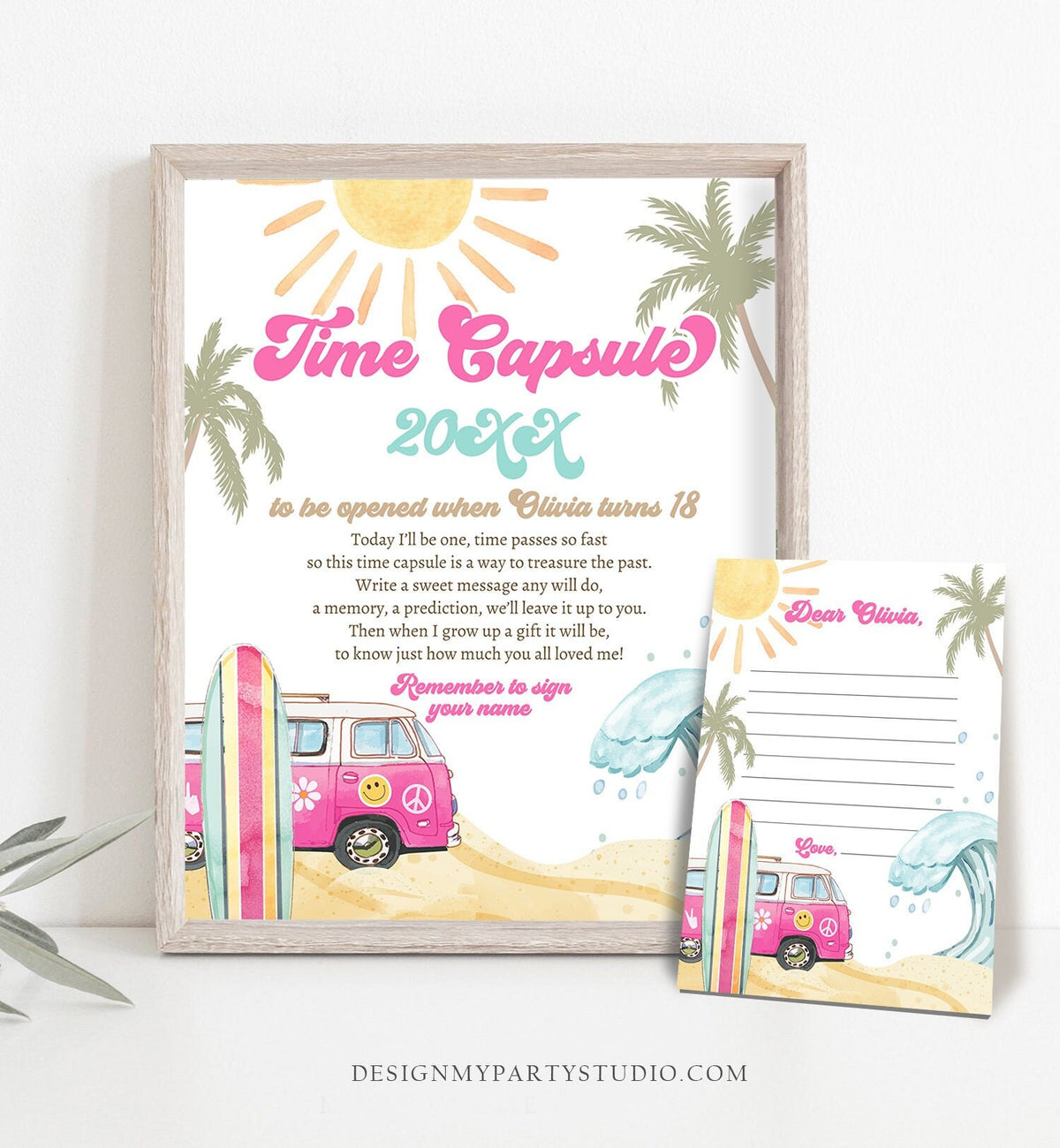 Editable Time Capsule Surf First Birthday Party Surfing Decorations The Big One Girl Pink Beach Wave Retro Template Printable Corjl 0433
