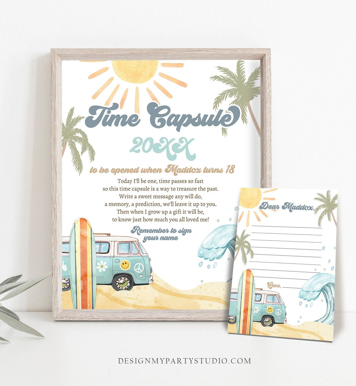 Editable Time Capsule Surf First Birthday Party Surfing Decorations The Big One Boy 1st Beach Wave Retro Template Printable Corjl 0433