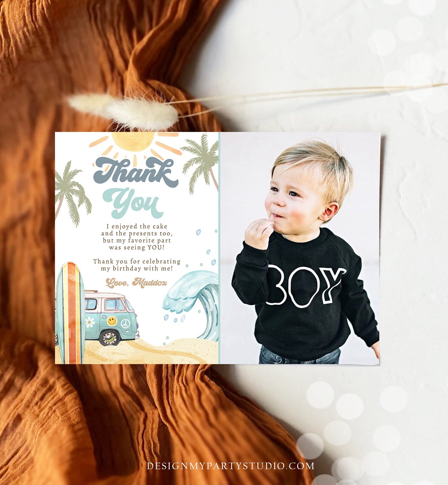 Editable Surf Thank You Card Surfboard 1st Birthday Thank Your Note Retro Boy Beach Party Wave Surfer Download Template Corjl Digital 0433