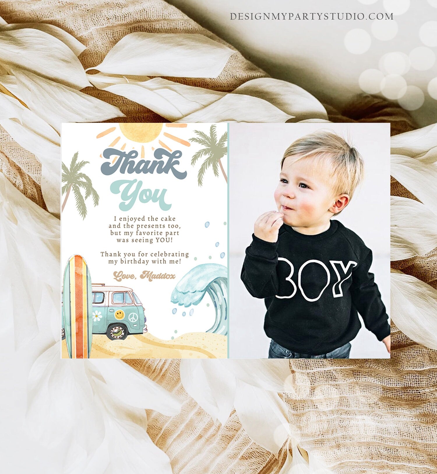 Editable Surf Thank You Card Surfboard 1st Birthday Thank Your Note Retro Boy Beach Party Wave Surfer Download Template Corjl Digital 0433