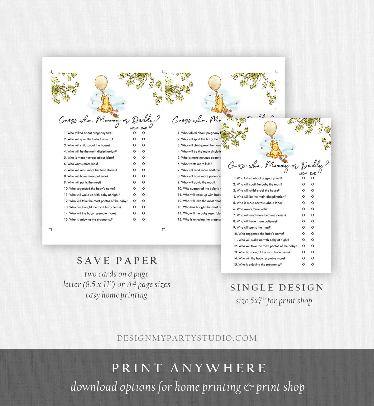 Editable Mommy or Daddy Baby Shower Game Guess Who Mom Dad Winnie The Pooh Baby Shower Gender Neutral Rustic Corjl Template Printable 0425