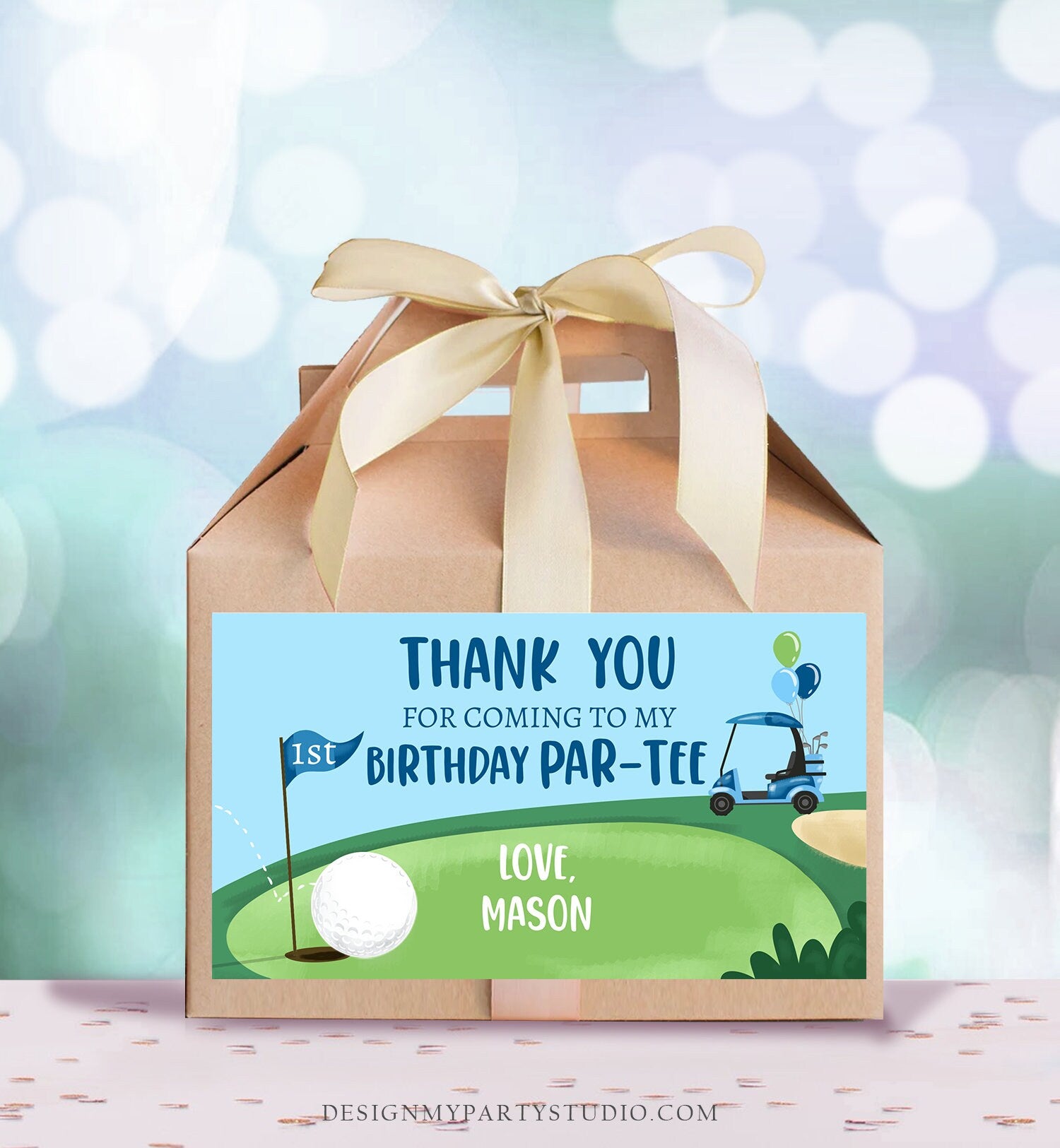 Editable Hole in One Birthday Party Gable Box Favor Label Golf Gift Box Labels Par-tee Boy Golfing 1st Blue Download Printable Corjl 0405