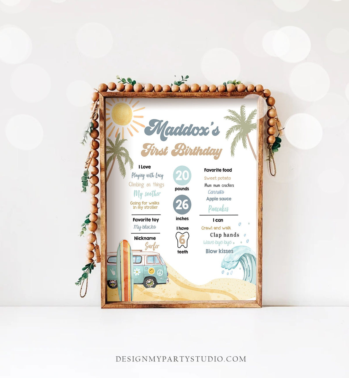 Editable Surf Birthday Milestones Sign Boy Big One Surfs Up Surfing Board Van Retro Beach 1st Party Template Printable Corjl 0433