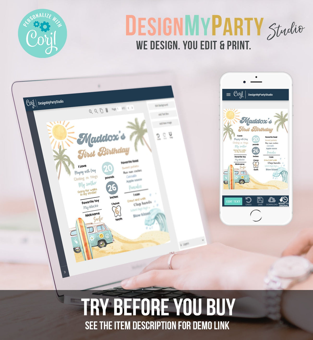 Editable Surf Birthday Milestones Sign Boy Big One Surfs Up Surfing Board Van Retro Beach 1st Party Template Printable Corjl 0433