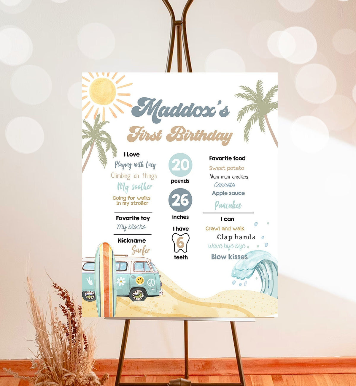 Editable Surf Birthday Milestones Sign Boy Big One Surfs Up Surfing Board Van Retro Beach 1st Party Template Printable Corjl 0433