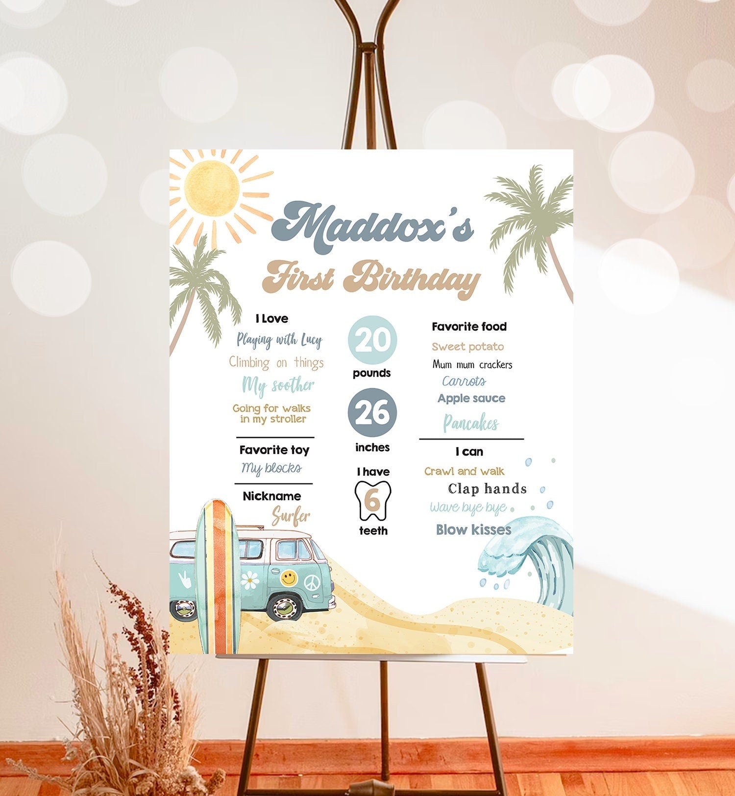 Editable Surf Birthday Milestones Sign Boy Big One Surfs Up Surfing Board Van Retro Beach 1st Party Template Printable Corjl 0433