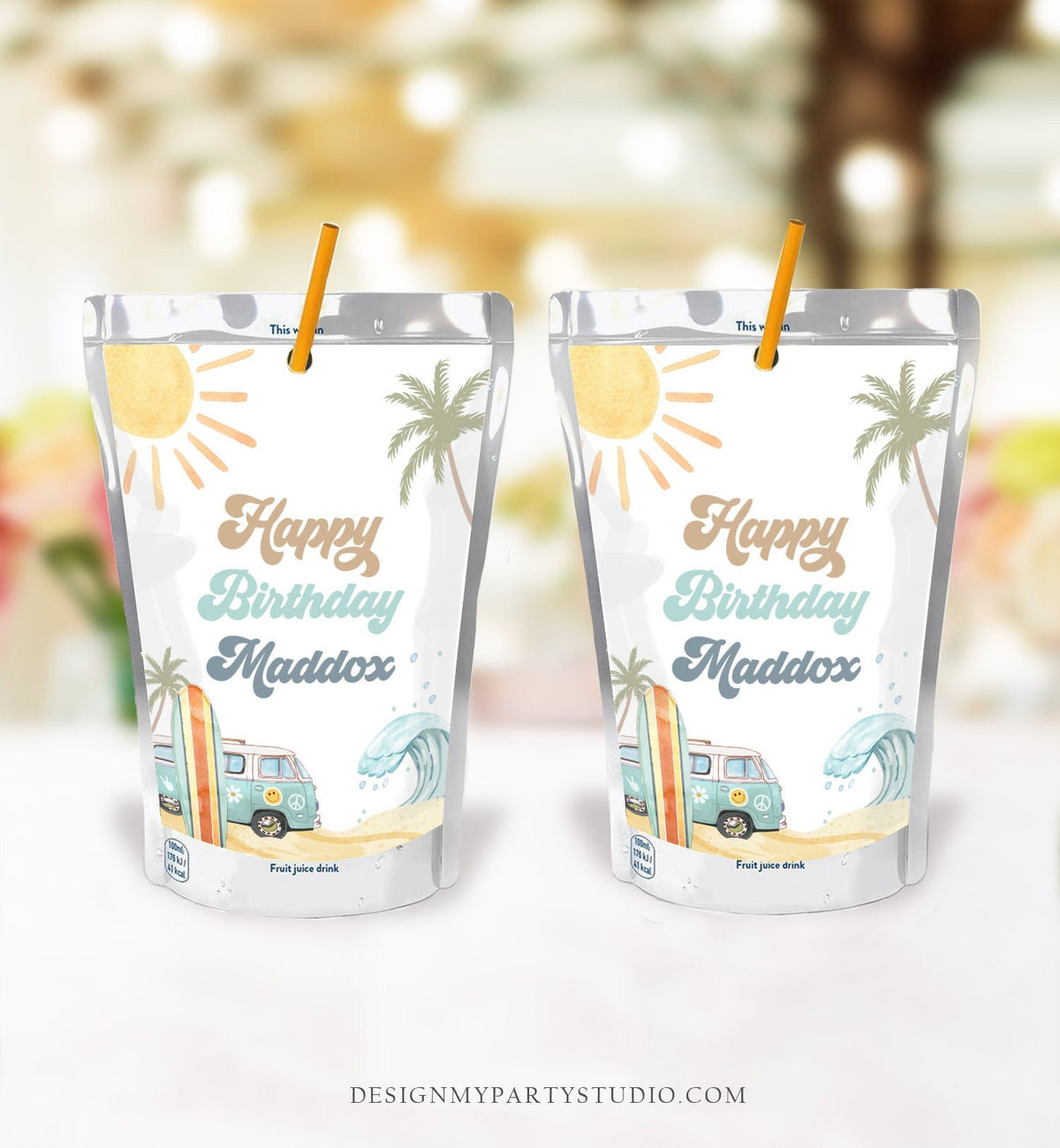 Editable Surf Birthday Capri Sun Labels Juice Pouch Labels Boy Retro The Big One Surfboard Van Download Corjl Template Printable 0433