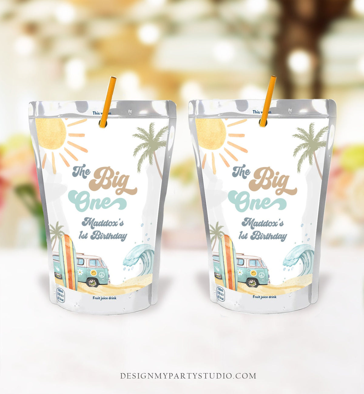 Editable Surf Birthday Capri Sun Labels Juice Pouch Labels Boy Retro The Big One Surfboard Van Download Corjl Template Printable 0433