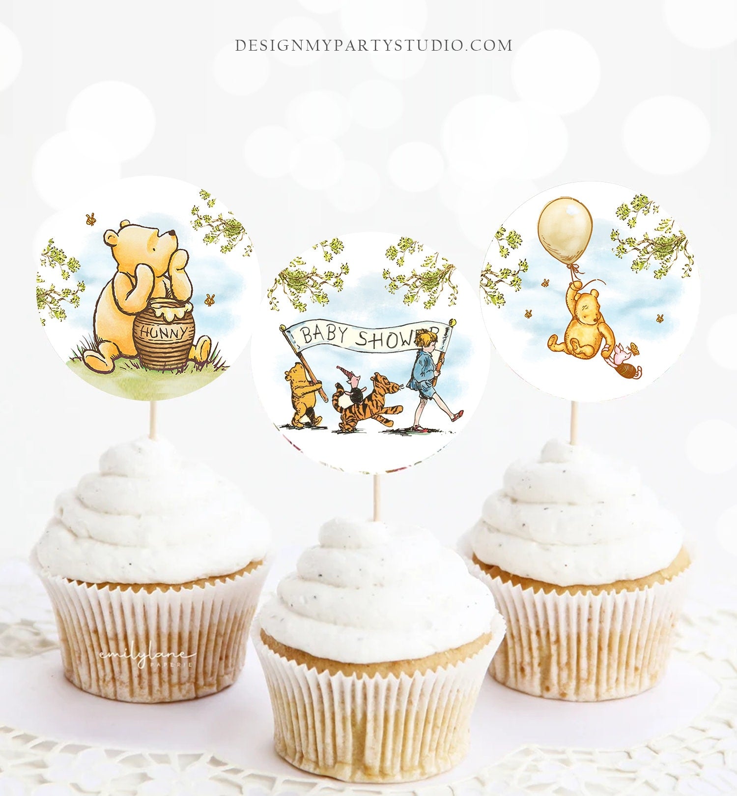 Classic Winnie The Pooh Baby Shower Cupcake Toppers Pooh Favor Tags Po - Design My Party Studio classic-winnie-the-pooh-baby-shower-cupcake-toppers-pooh-favor-tags-po-design-my-party-studio