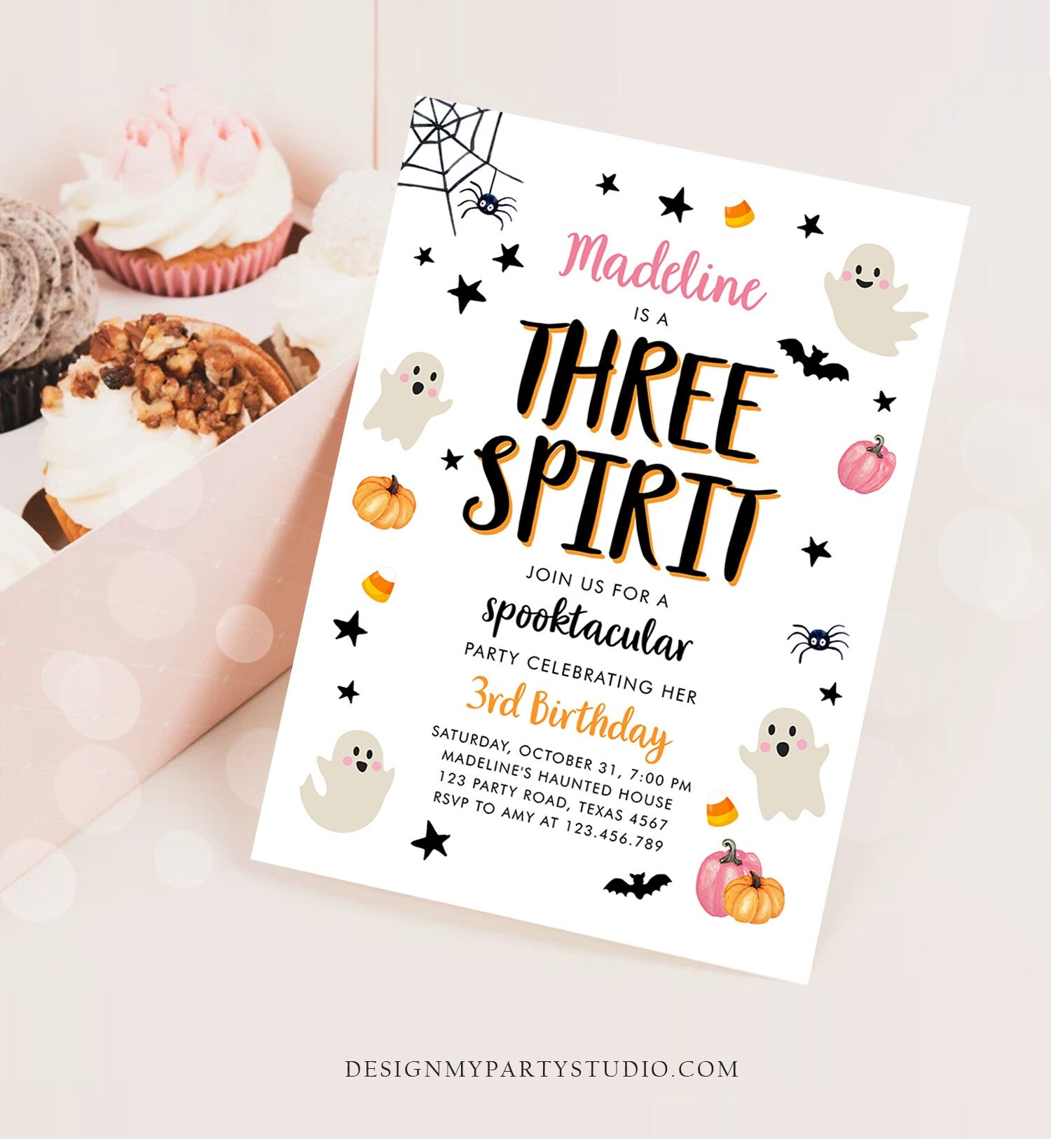 Editable Halloween Birthday Invitation Pink Ghost Three Spirit 3rd Birthday Party Spooktacular Spooky Download Printable Template Corjl 0418