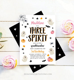 Editable Halloween Birthday Invitation Pink Ghost Three Spirit 3rd Birthday Party Spooktacular Spooky Download Printable Template Corjl 0418