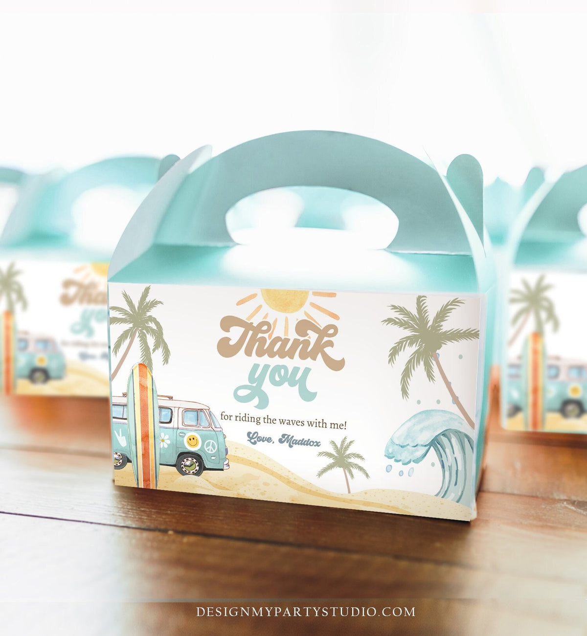 Editable Surf Gable Box Favor Label Surf Birthday Favor Box Label Boy The Big One Retro Surfboard 1st Digital Download Printable Corjl 0433