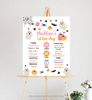 Editable Halloween Birthday Milestones Sign Ghost Spooky One 1st Birthday Party Spooktacular Pink First Stats Template Printable Corjl 0418