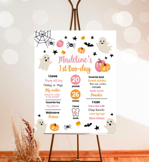 Editable Halloween Birthday Milestones Sign Ghost Spooky One 1st Birthday Party Spooktacular Pink First Stats Template Printable Corjl 0418