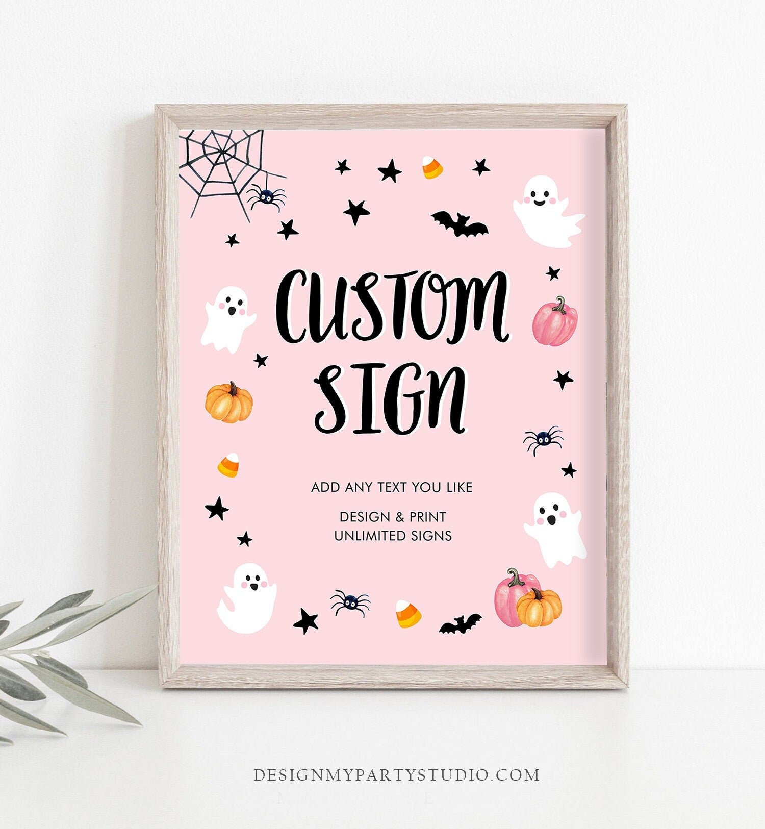 Editable Custom Pink Halloween Sign Baby Shower Pink Ghost Spooky Spooktacular Birthday Girl Table Sign 8x10 Corjl Template Printable 0418