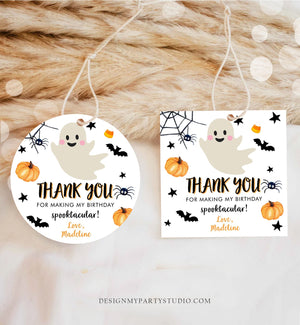 Editable Halloween Birthday Thank You Favor Tags Costume Party Girl Pink Spooktacular Ghost Stickers Download Printable Template Corjl 0418