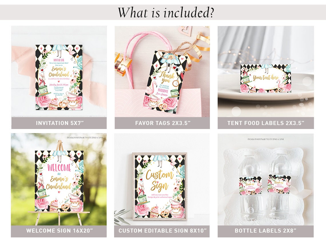 Alice in Onederland Birthday Invitation Bundle Alice in Wonderland Party Birthday Pink Girl Package 1st First Printable Corjl Template 0350