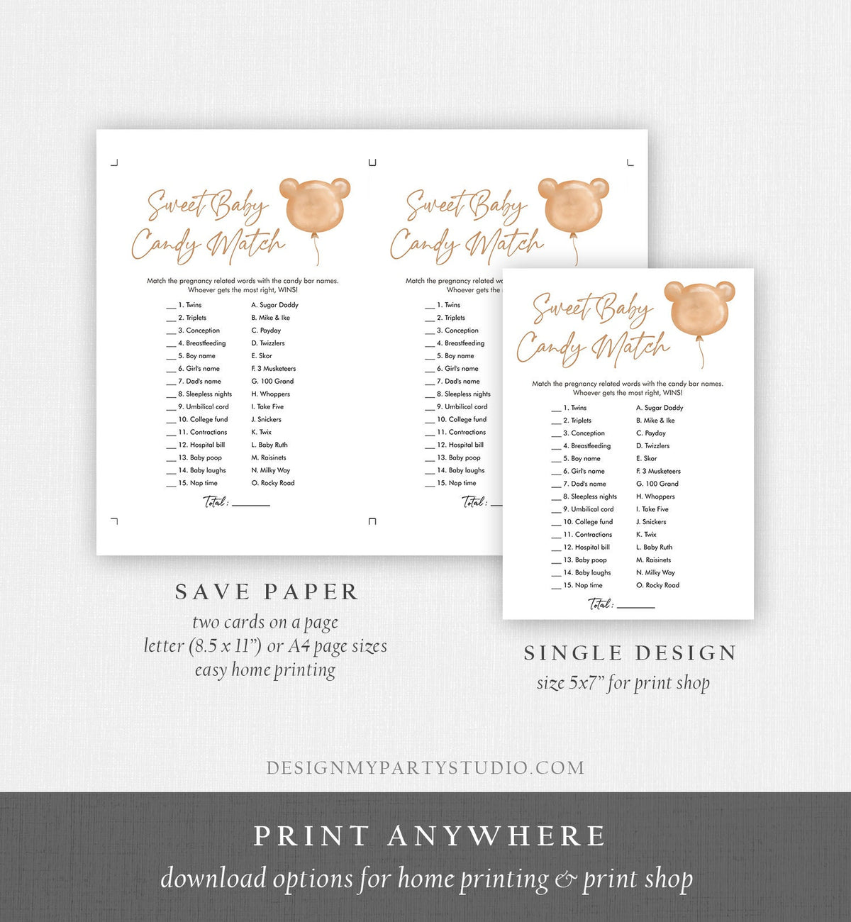 Editable Candy Match Game Baby Shower Game Modern Bear Cute Teddy Bear Baby Shower Boho Bearly Wait Activity Corjl Template Printable 0439
