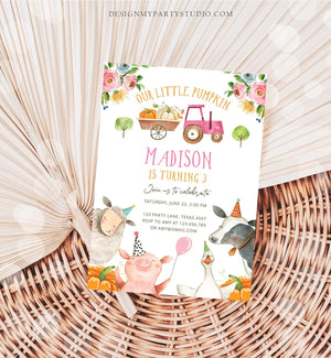 Editable Farm Birthday Invitation Pumpkin Girl Farm Animals Pink Barnyard Fall Birthday Download Printable Invitation Template Digital 0155
