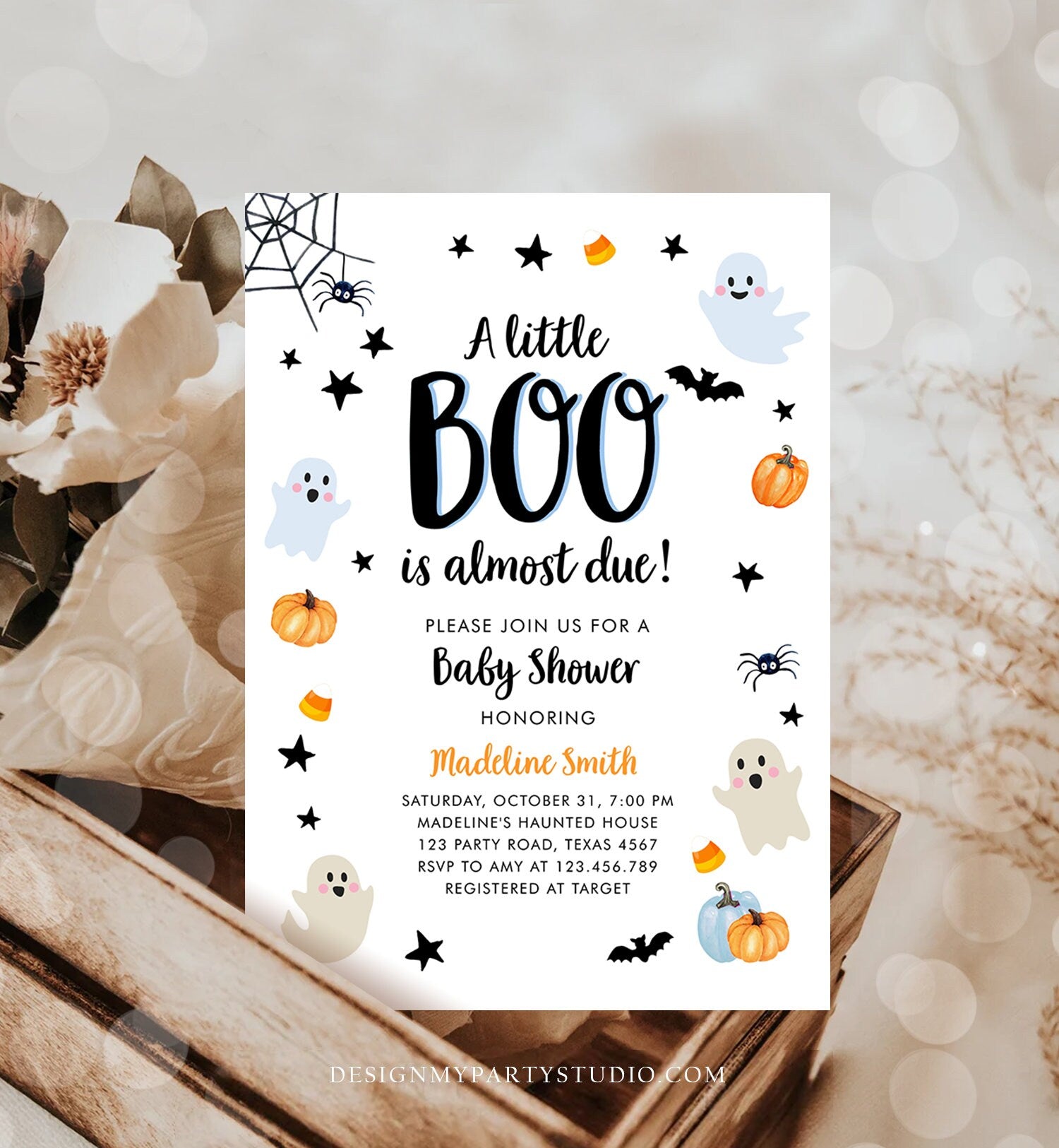 Editable Little Boo Baby Shower Invitation Cute Halloween Baby Shower Couples Shower Invite Blue Ghost Boy Printable Template Corjl 0418