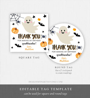 Editable Halloween Birthday Thank You Favor Tags Costume Party Girl Pink Spooktacular Ghost Stickers Download Printable Template Corjl 0418