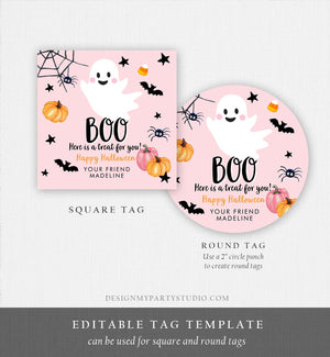 Editable Halloween Favor Tags Boo Gift Tags Costume Party Treat Favor Sticker Birthday Party Pink Download Printable Template Corjl 0418