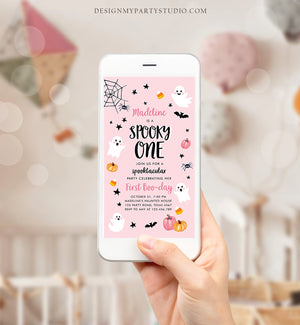 Editable Halloween 1st Birthday Evite Pink Ghost Party Girl First Kid Spooktacular Spooky One Phone Digital Template Template Corjl 0418