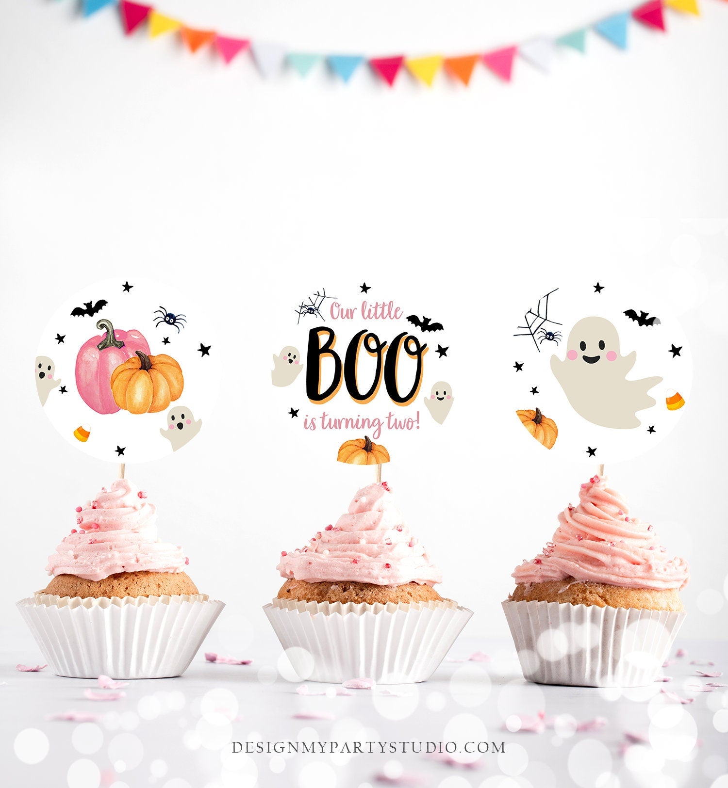 Little Boo is turning Two Birthday Cupcake Toppers Favor Tags Halloween Ghost Party 2nd Birthday Pink Girl Download Digital PRINTABLE 0418