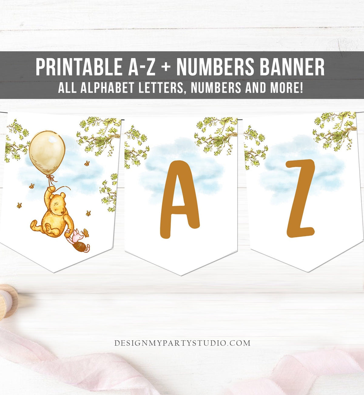 Winnie The Pooh Alphabet Banner Letters A to Z Numbers Classic Pooh Birthday Neutral Pooh Decor Shower Download PRINTABLE DIGITAL DIY 0425