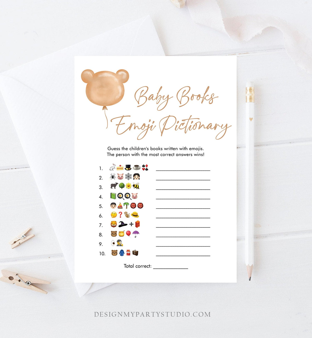 Editable Emoji Pictionary Baby Shower Game Modern Bear Cute Teddy Bear Baby Shower Boho Bearly Wait Activity Corjl Template Printable 0439